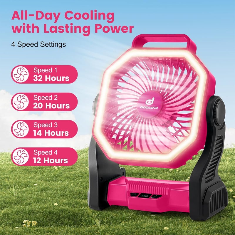 Odoland Rechargeable Camping Fan, 20000mAh Battery Fans with LED Lantern for Tent Car Beach Storm, Portable Light Desk Cooling Fan for Picnic Power Outage Hurricane, Pink - Image 2